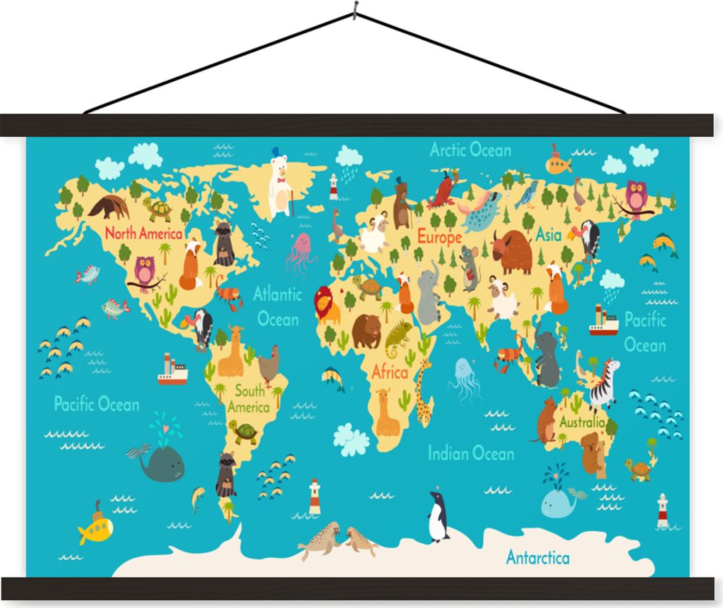 MuchoWow Textilposter Weltkarte - Kinder - Tiere - Gelb - Blau - Jungen - Mädchen 60x40 cm mit schwarzem Rahmen - Hölzernes
