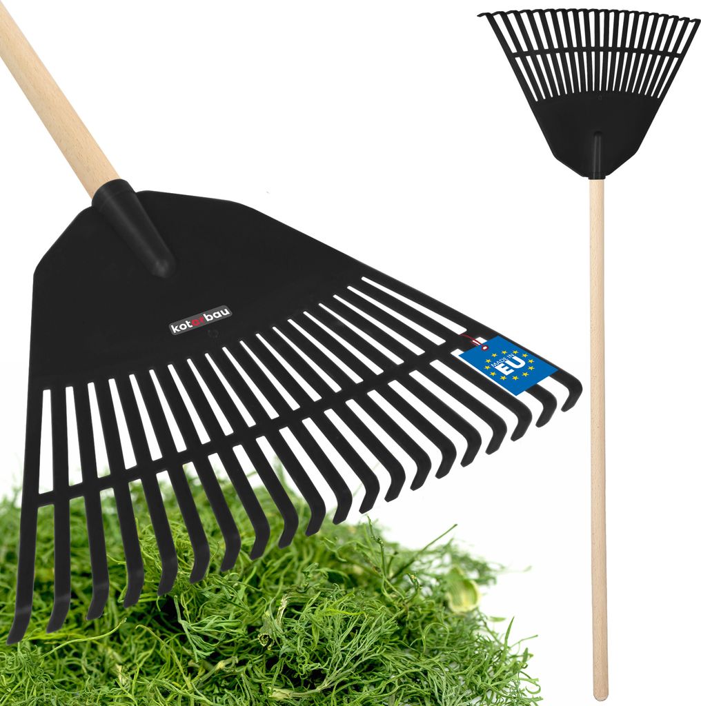 KOTARBAU Laubrechen Kunststoff 45 cm mit Stiel Laubbesen Laubharke Gartenrechen Fächerbesen für Herbstlaub & Heckenschnitt Kunststoff Schwarz