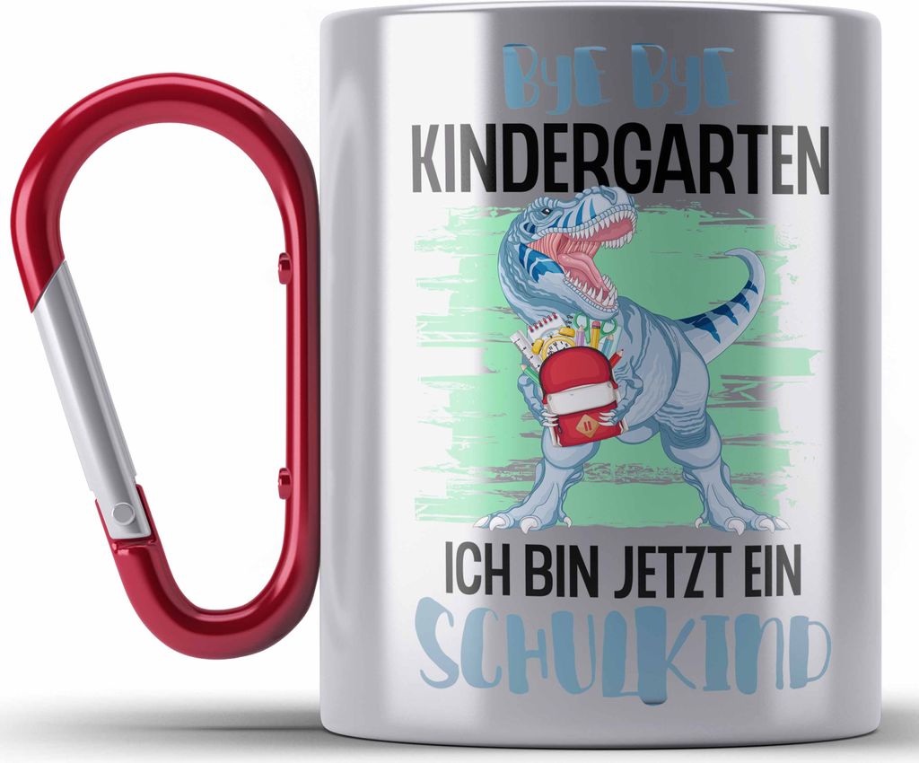 Trendation - Einschulung Junge Dino Geschenk für Schultüte Füllung Edelstahl Tasse Karabiner Schulstart 1. Schultag Schuleinführung Schulanfang...
