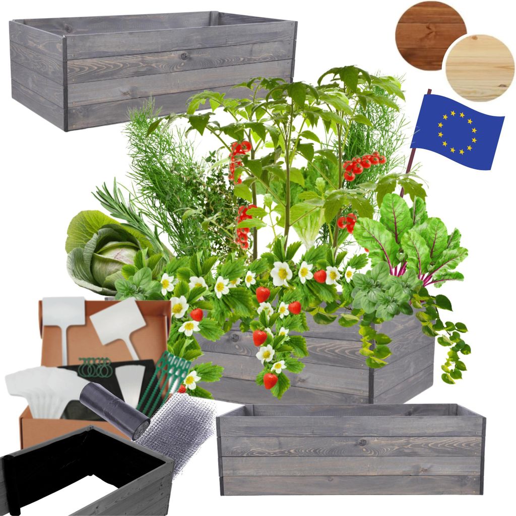 MODO24 Hochbeet Holz, Pflanzkasten, Massivholz, Kiefer, Kräuterbeet, Blumenkasten, Garten, Terrasse, 36x120x60 cm, Grau, ZP06