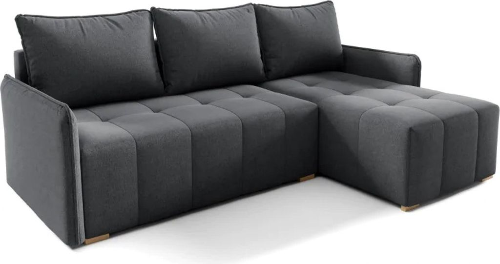 Ecksofa GREND, Eckcouch in L-Form mit Schlaffunktion und Bettkasten, Farbe: Dunkelgrau, Ottomane rechts, Veloursstoff