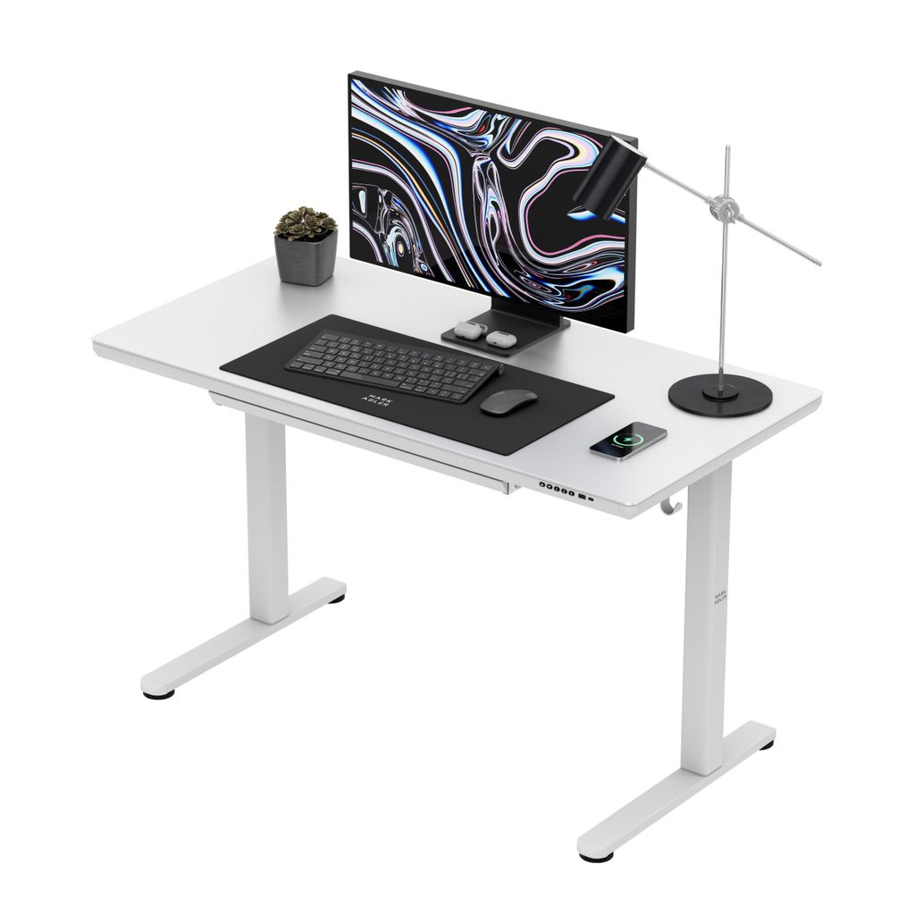 Mark Adler Leader 8.5 – Elektrischer Schreibtisch Glas 120×60 cm, höhenverstellbar 72–118 cm, USB-A/C & kabelloses Ladegerät, Schublade
