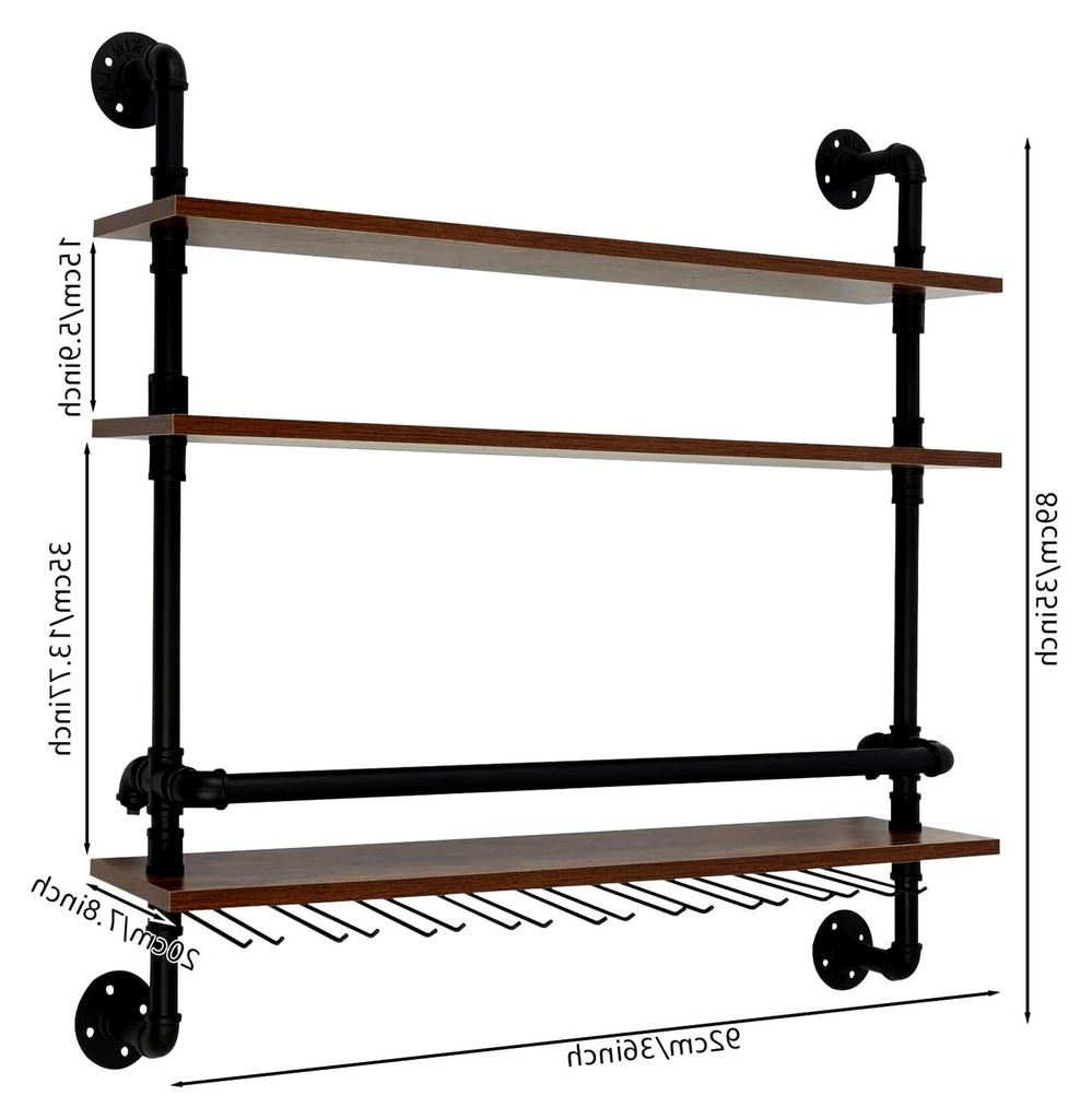 Industrial Pipe Regal Wandmontage Weinregal, Wandregal Weinregal, 3-Tier Echtes Holz WeinregalLagerung Tassenhalter, für Küche Bar Restaurant, 92...