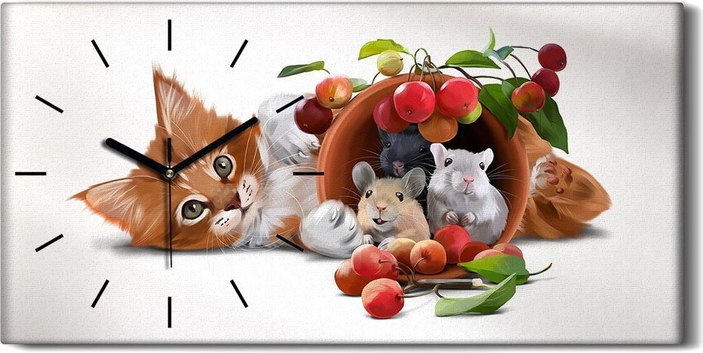 Wandbild Leinwand Bilder Wanduhr 60x30 Malerei Tiere Katze Ratte Früchte Kunst - schwarze Hände