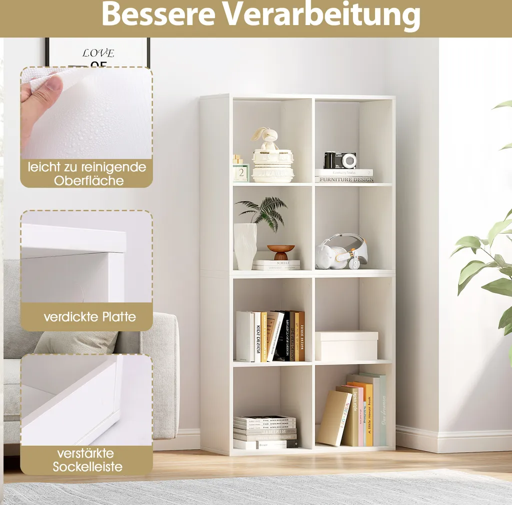 Bibliothèque blanche moderne 4 cases étagère sur pied stable et robuste