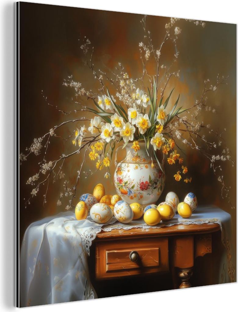 MuchoWow Wanddekoration Metall Metallbild Wandkunst 20x20 cm Ostereier - Stillleben - Vase MuchoWow Aluminium Gemälde - Alu Dibond Bilder