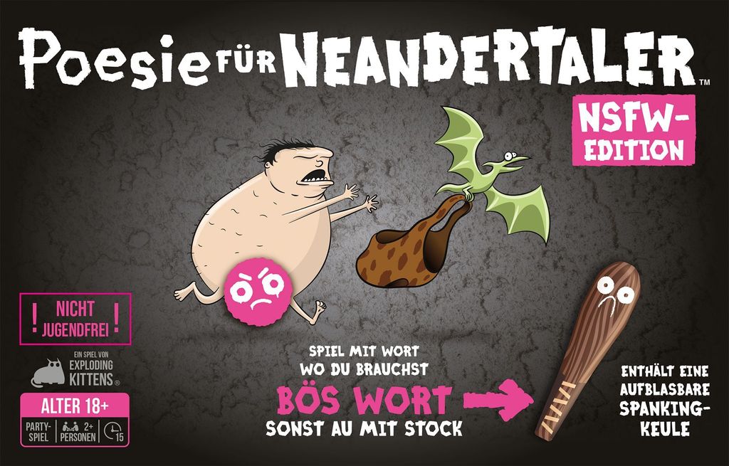 A cartoon illustration depicting a Neanderthal figure interacting with a small dragon and a club, with various text elements and age restrictions.