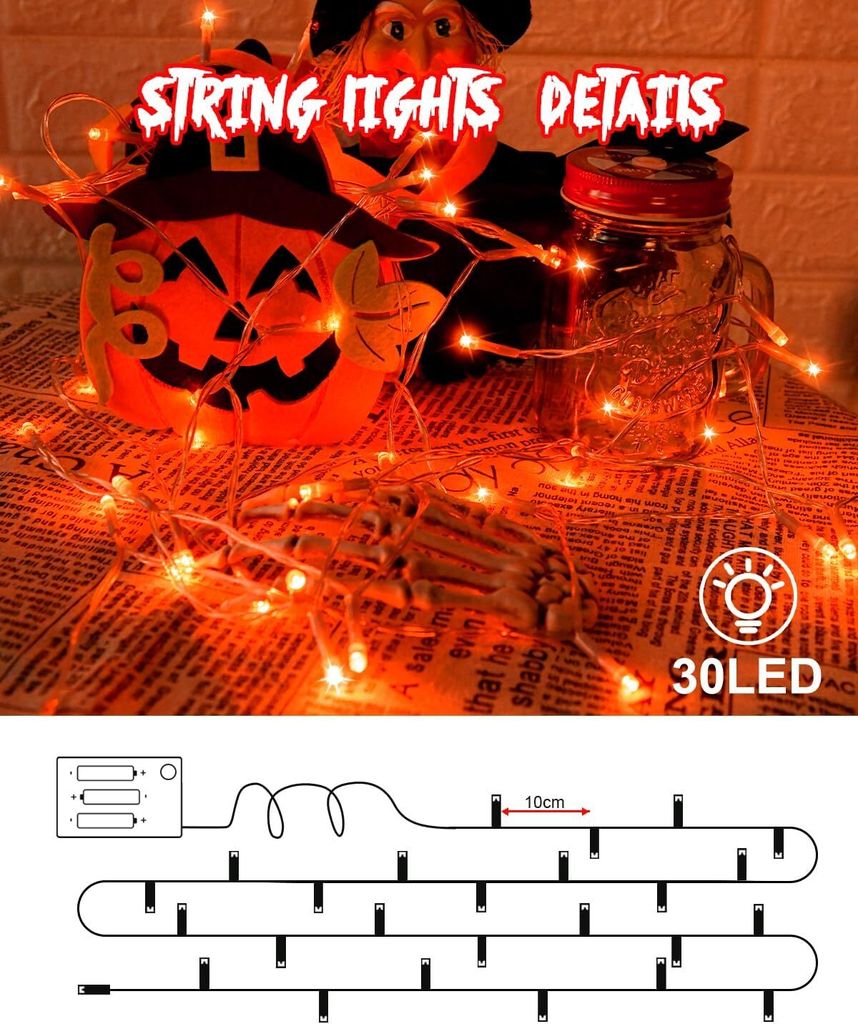 XVZ Halloween Lichterkette 3m - 20 LED Fledermäuse Mit Timer Für Gruseldekoration