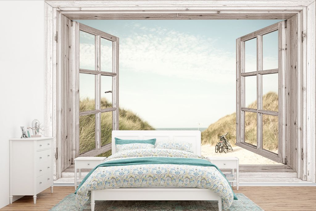 MuchoWow Fototapete für Wohnzimmer oder Schlafzimmer Wandtapete Vinyl Motivtapete Aussicht - Strand - Fahrrad - 600x400 cm - Vinyltapeten