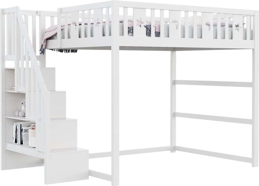 Fortuna Lai Etagenbett für Kinder 140*200 mit Treppe ,Hochbett aus Massivholz mit Sicherheitsgeländer, Stern- und Monddekoration.Weiß