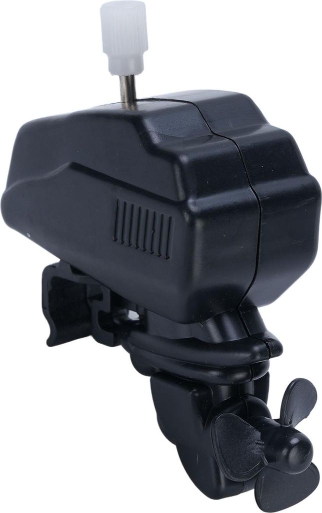 A black toy boat motor with a white winding key on a white background.