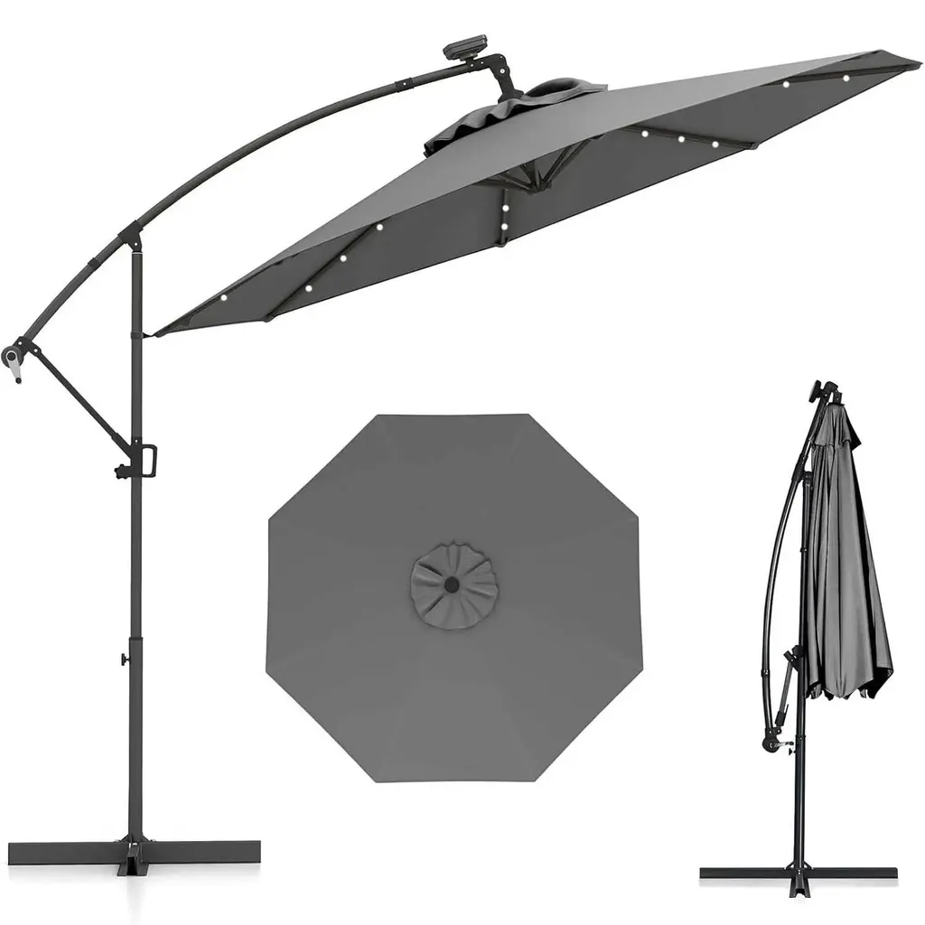 Parasol solaire 300cm à LED et manivelle, toile grise hydrofuge réglable