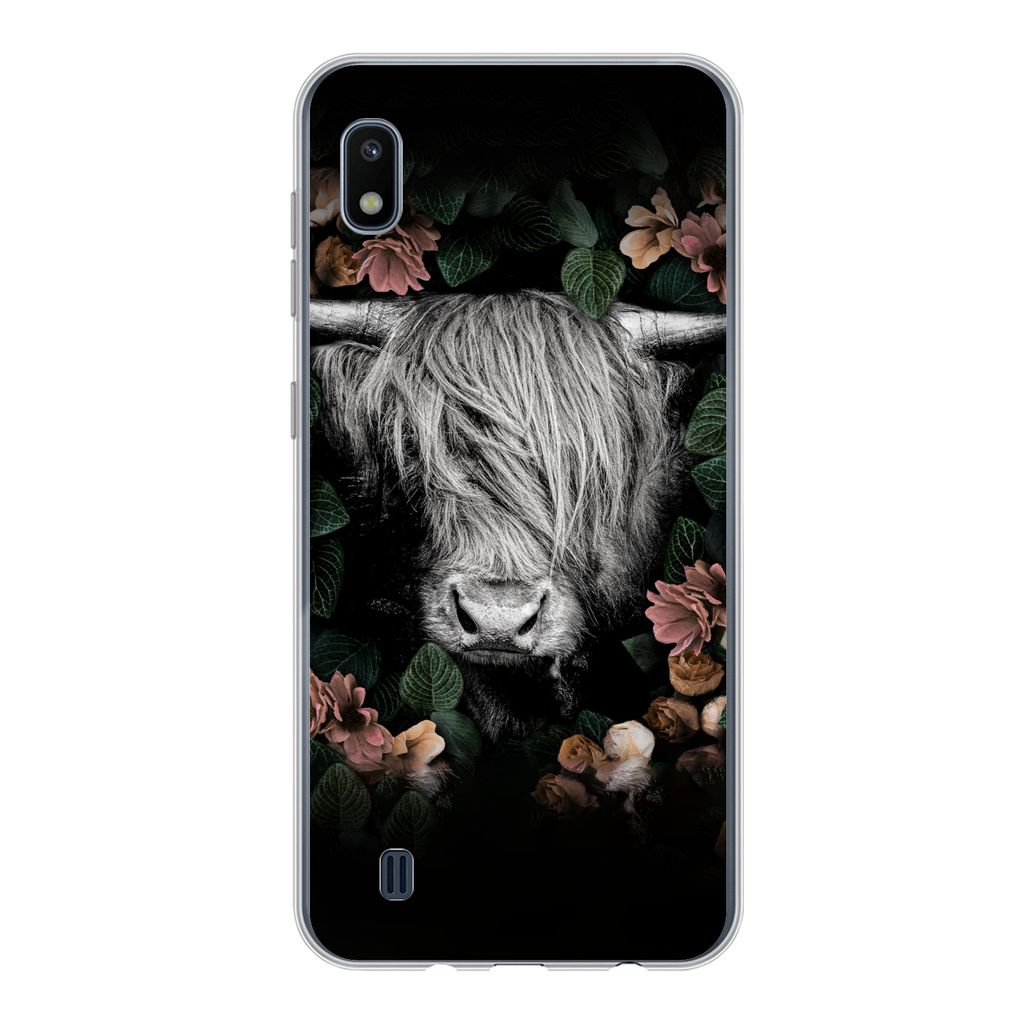 MuchoWow Handyhülle Schutzhülle Hülle für Samsung Galaxy A10 Schottischer Highlander - Blumen - Rosa Silikon Softcase Handy Hülle - Schutzh...