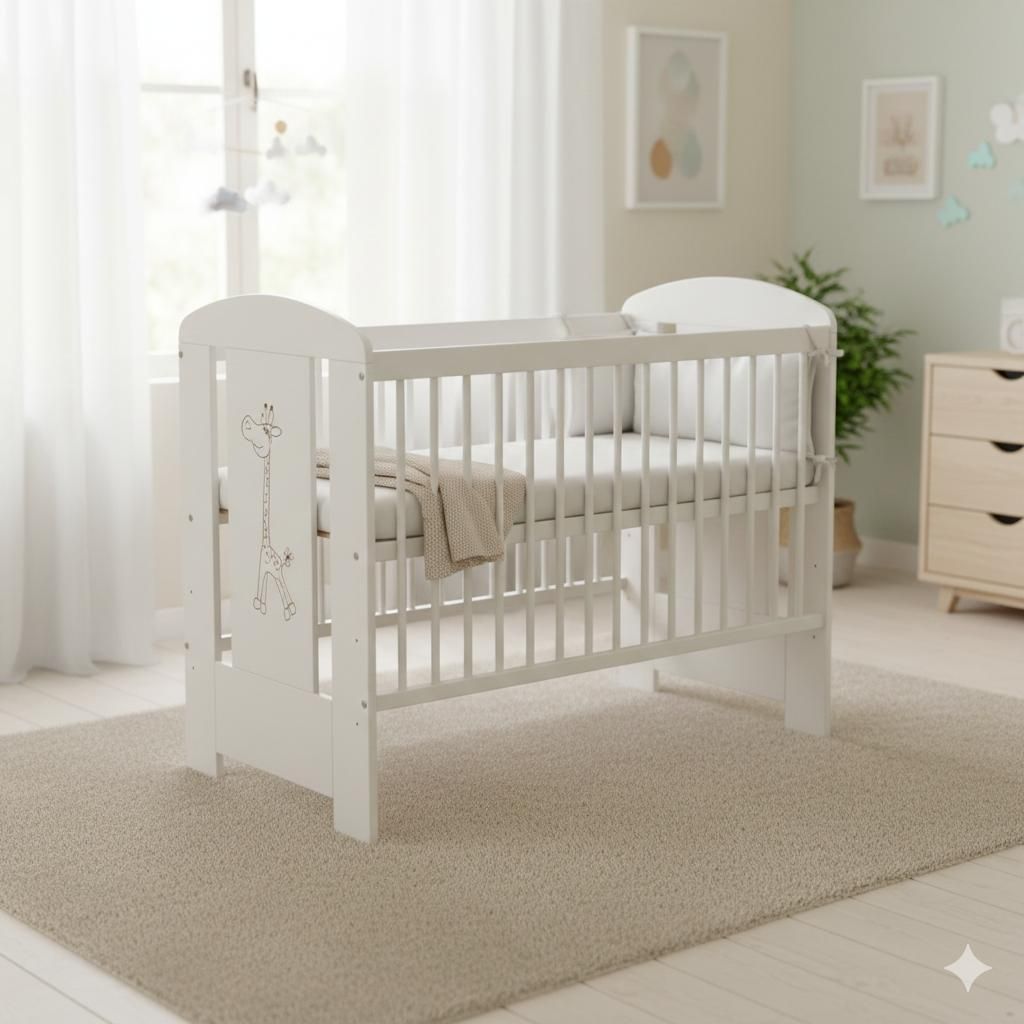 Babybett 60x120 cm weiß - Holz Kinderbett Safari Giraffe - höhenverstellbar, mit Gitter, massivholz, Babybett mit Motiv, ideal für Neugeborene u...