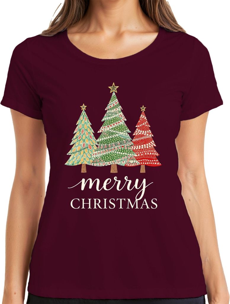 Merry Christmas Weihnachtsbäume Tannenbaum Trio Festlich Vintage Damen T-Shirt, Burgundy, S