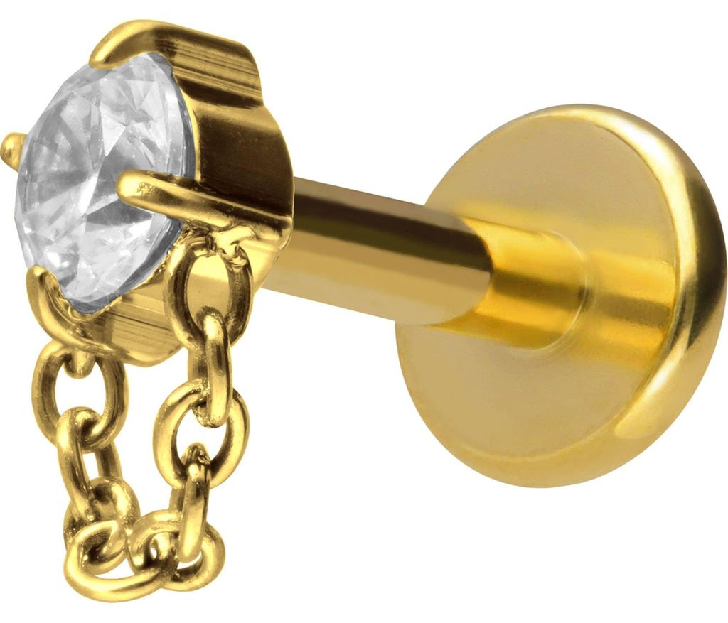 Ohrpiercing, Nasenpiercing Titan Labret mit Innengewinde KRISTALL + KETTE Gold Stablänge: 7mm | Stabstärke: 1,6mm