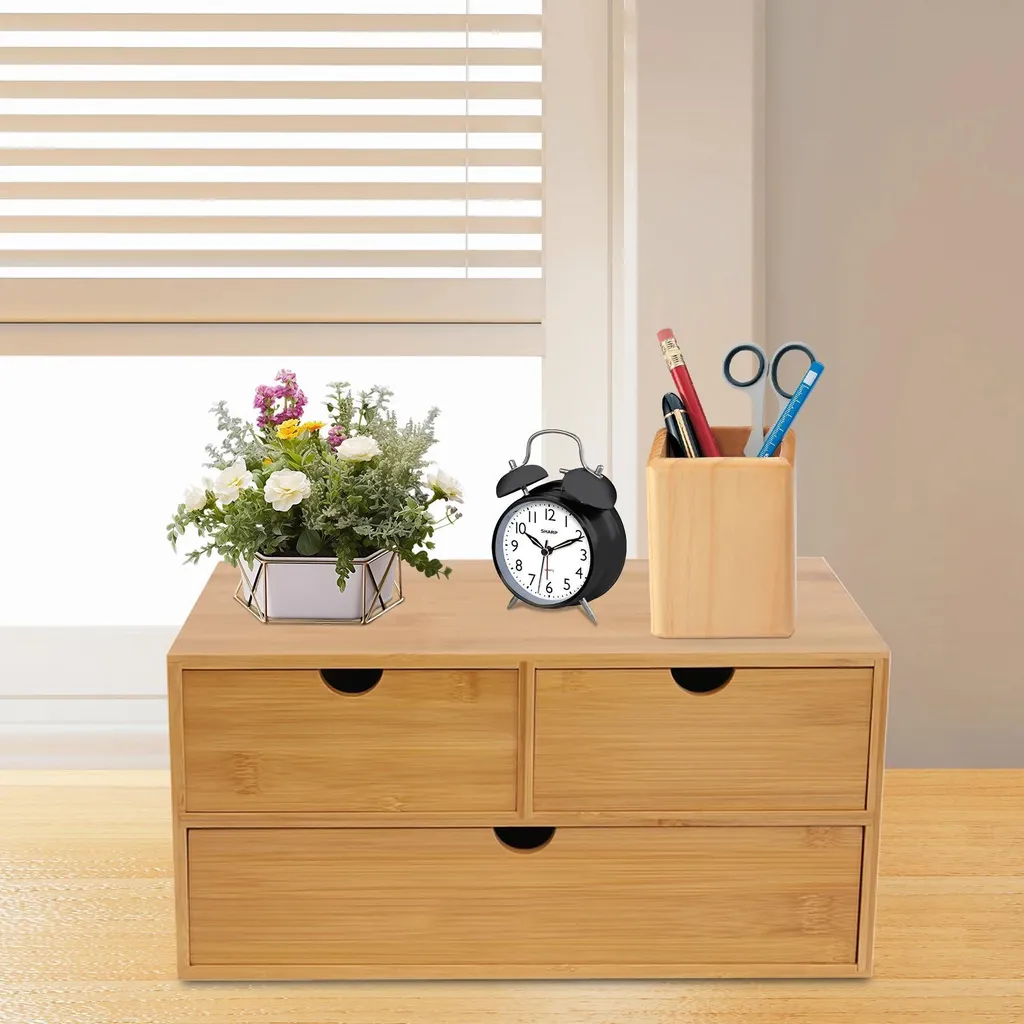 Organisateur de bureau en bambou - Petit meuble de rangement 3 tiroirs - 3
