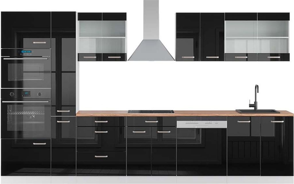 Küchenzeile Vicco R-Line Schwarz Hochglanz/Weiß 350 cm mit Hochschrank, AP Eiche, Model 42765