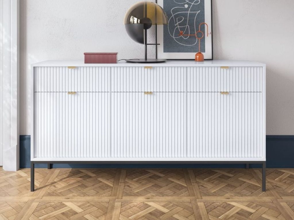 GrainGold Kommode Amber - Kommode mit Schubladen und Türen - Sideboard, TV-Kommode - Kommode Weiß mit Schwarzen Beinen