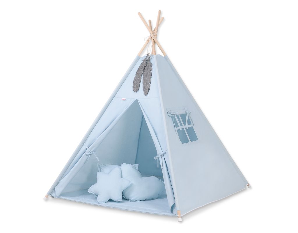 Tipi Zelt für Kinder mit Teppich und Kissen blau 100% Baumwolle und Holzstangen