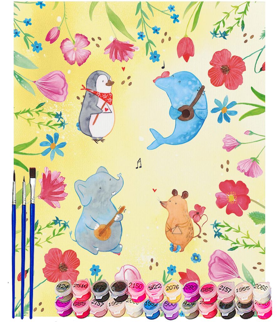 Mr. & Mrs. Panda DIY Malen nach Zahlen Big Band 40 x 50 cm Ohne Rahmen - Gelb Pastell - Geschenk, Gitarre, Pinguin, Hund, mit, malset, Delfin, Elef...