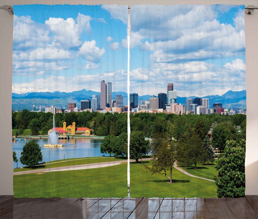 ABAKUHAUS Städtisch Rustikaler Vorhang, Sunny City Park in Denver, Wohnzimmer Universalband Gardinen mit Schlaufen und Haken, 280 x 245 cm, Farngr...