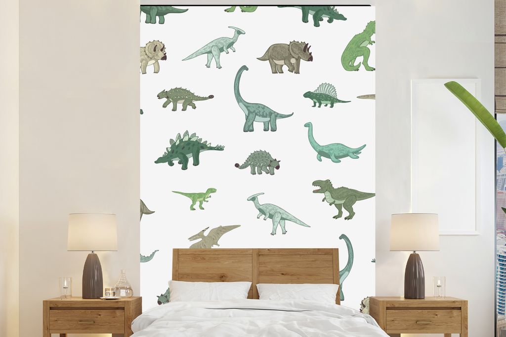 MuchoWow Fototapete für Wohnzimmer oder Schlafzimmer Wandtapete Vinyl Motivtapete Dinosaurier - Grün - Jungen - Braun - Kind - Muster - 200x300...