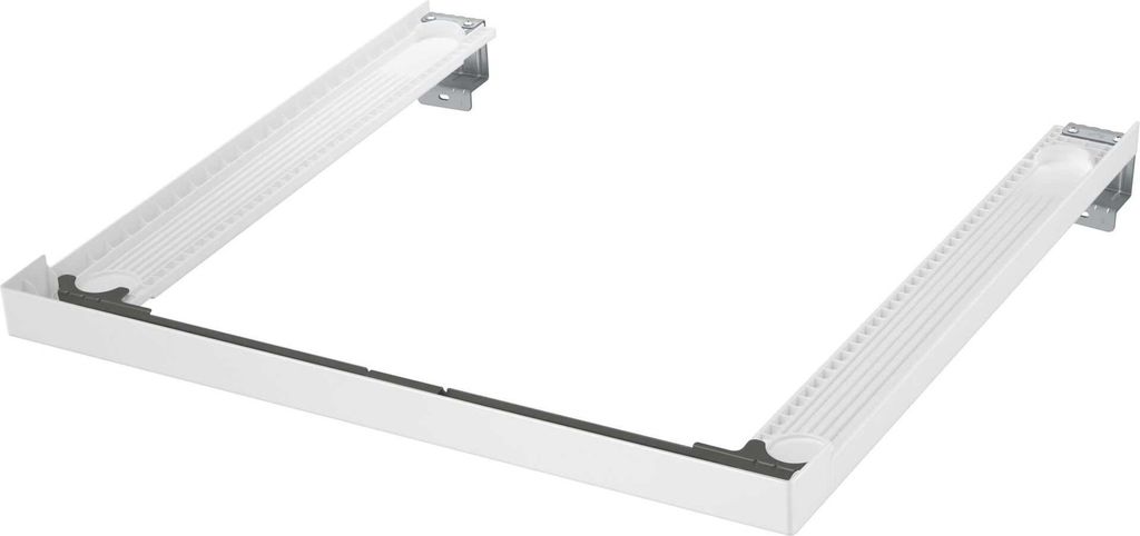 A white U-shaped appliance stand or connecting piece, likely for a washing machine and dryer.