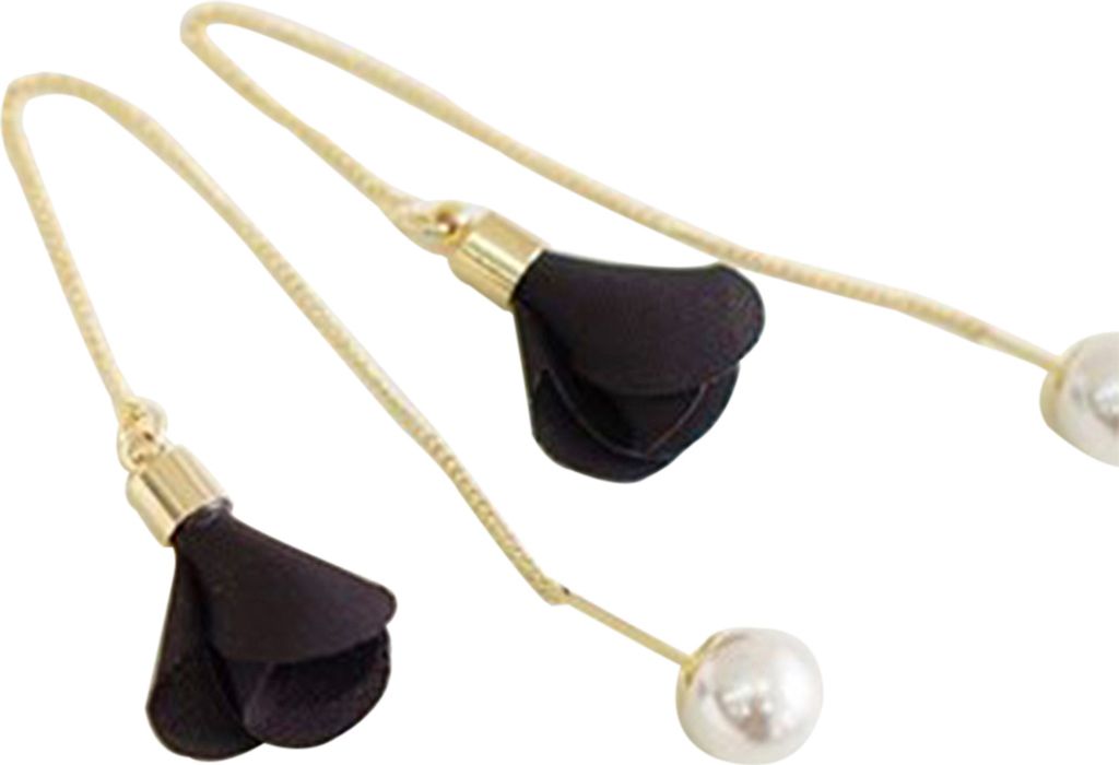Frauen Mode Blume Tropfen Faux Perle Baumeln Lange Kette Ohrringe Schmuck Charme-Schwarz