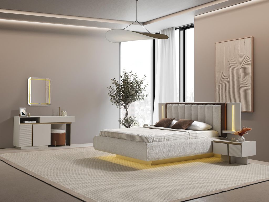 Elegantes Schlafzimmer-Set aus Holz in Beige mit Bett, Schminktisch