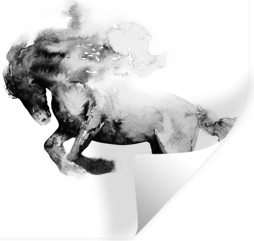 MuchoWow Wandtattoo Wandsticker Wandaufkleber Gemälde - Pferd - Tiere - Ölfarbe - Schwarz - Weiß 30x30 cm Selbstklebend und Repositionierbar -...