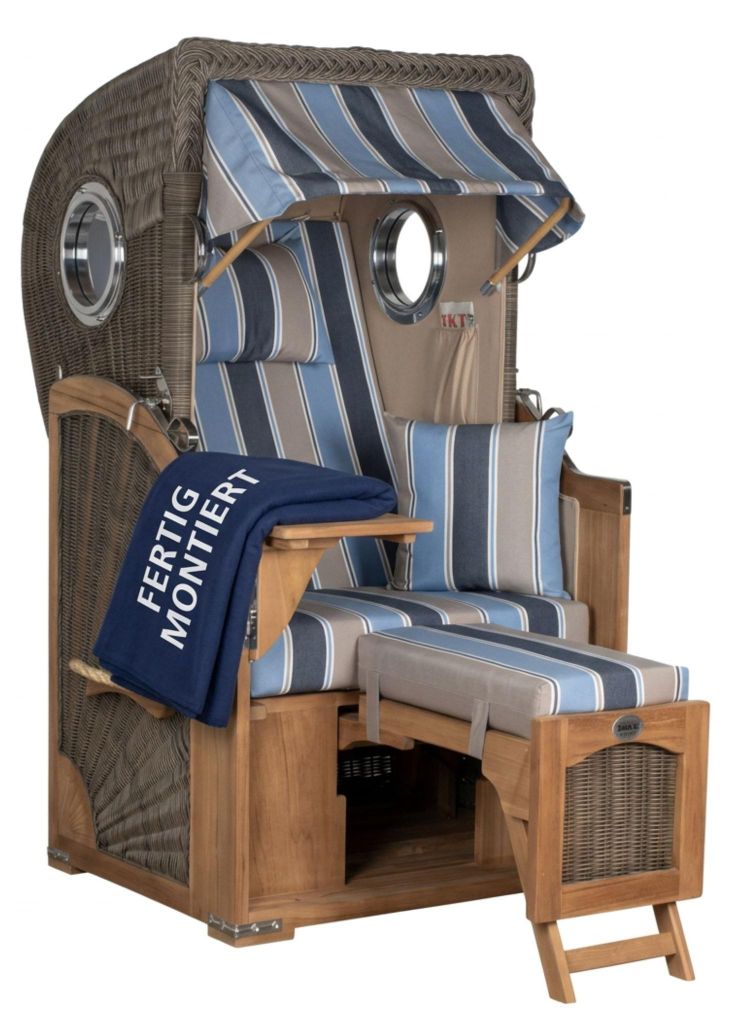 Strandkorb Düne Single Teak PE Grey 1-Sitzer Volllieger mit Bullaugen wetterfest und robust