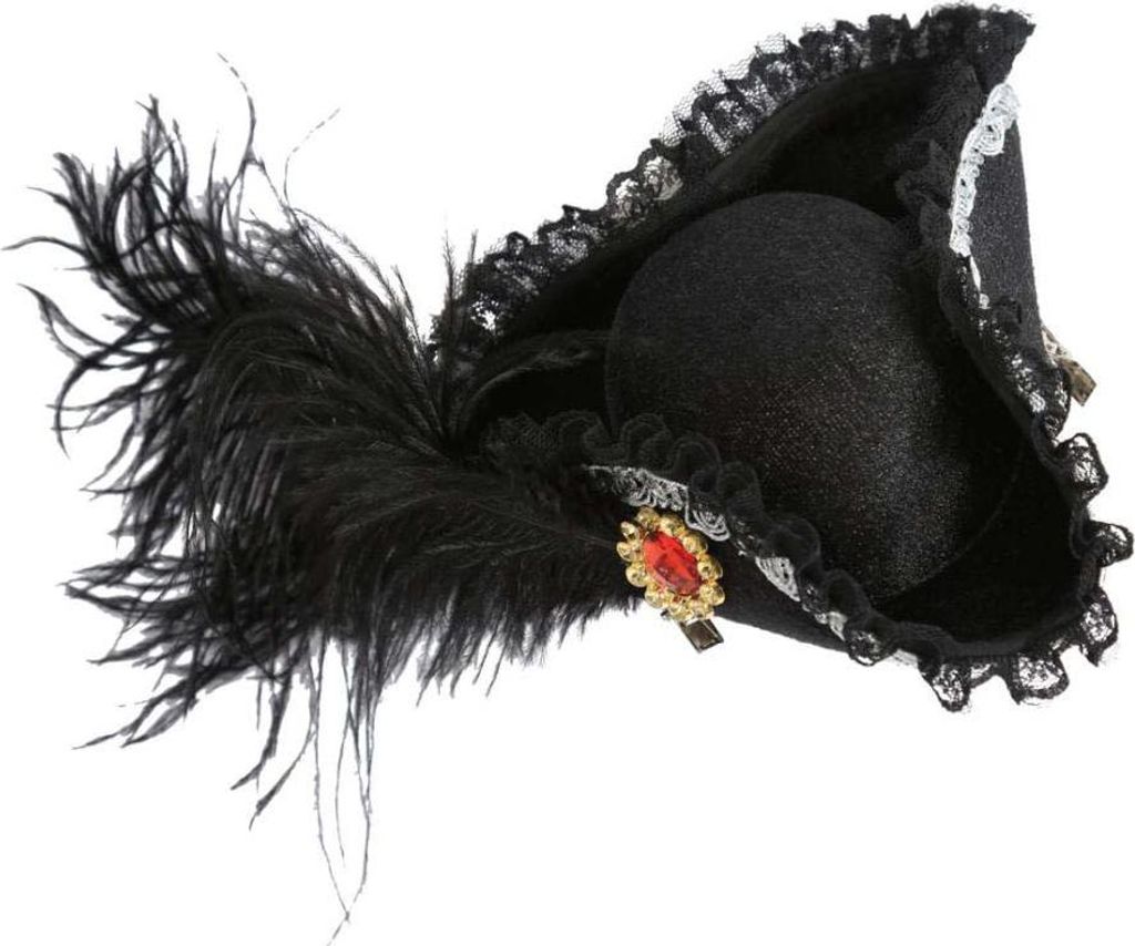 A black mini tricorn hat with black feathers and a red and gold jewel embellishment, shown against a white background.