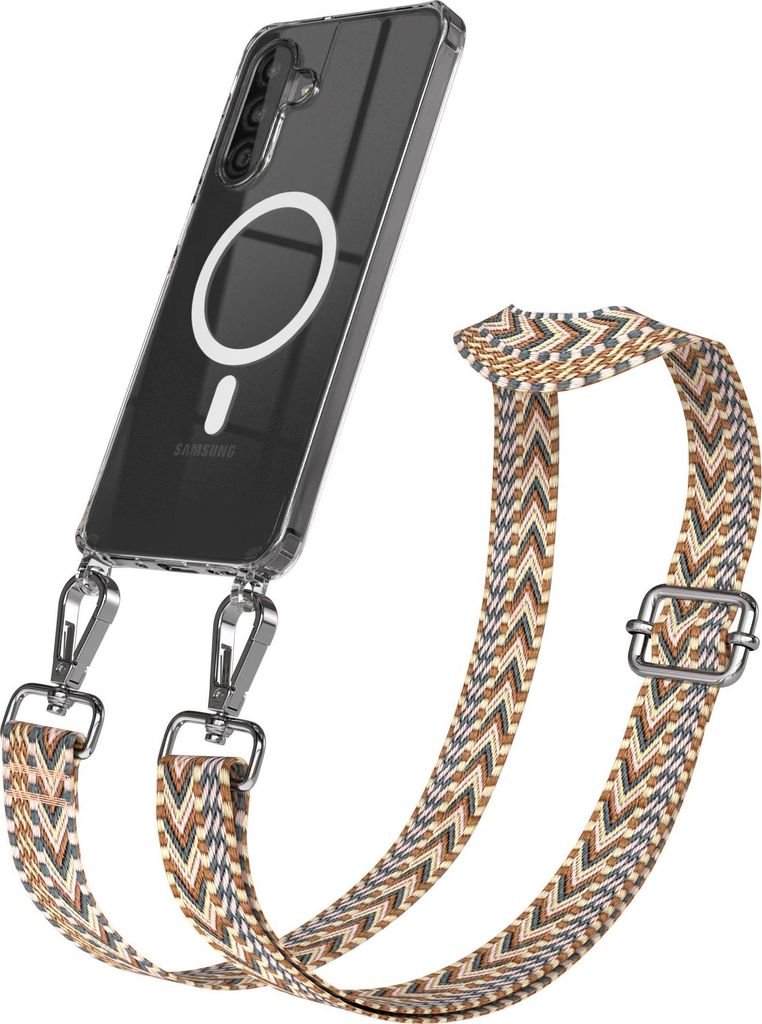 EAZY CASE - Handykette mit MagSafe Hülle für Samsung Galaxy A26, Handyband ZigZag Style,Karabiner Silber, Umhängeband in Braun