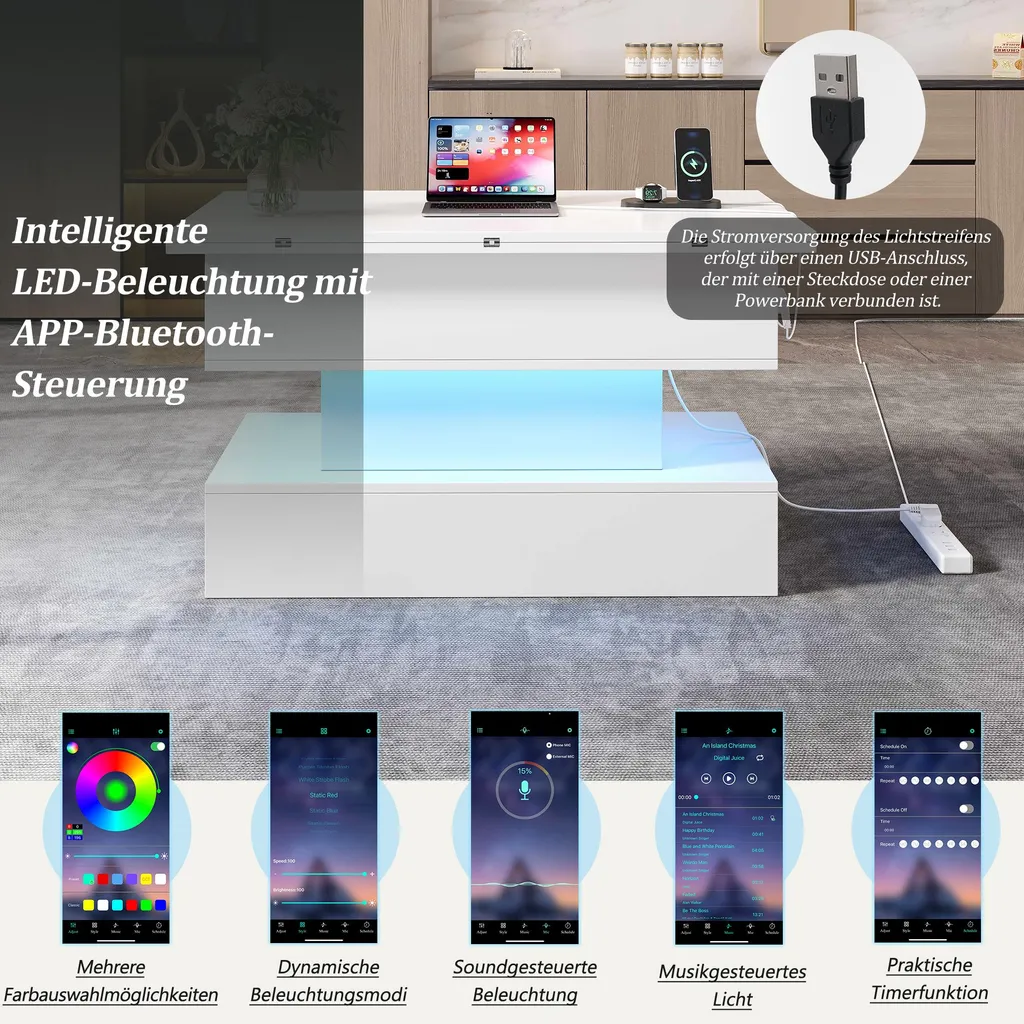 Table d'Appoint Relevable Idéale pour Télétravail avec Prises et LED - 7