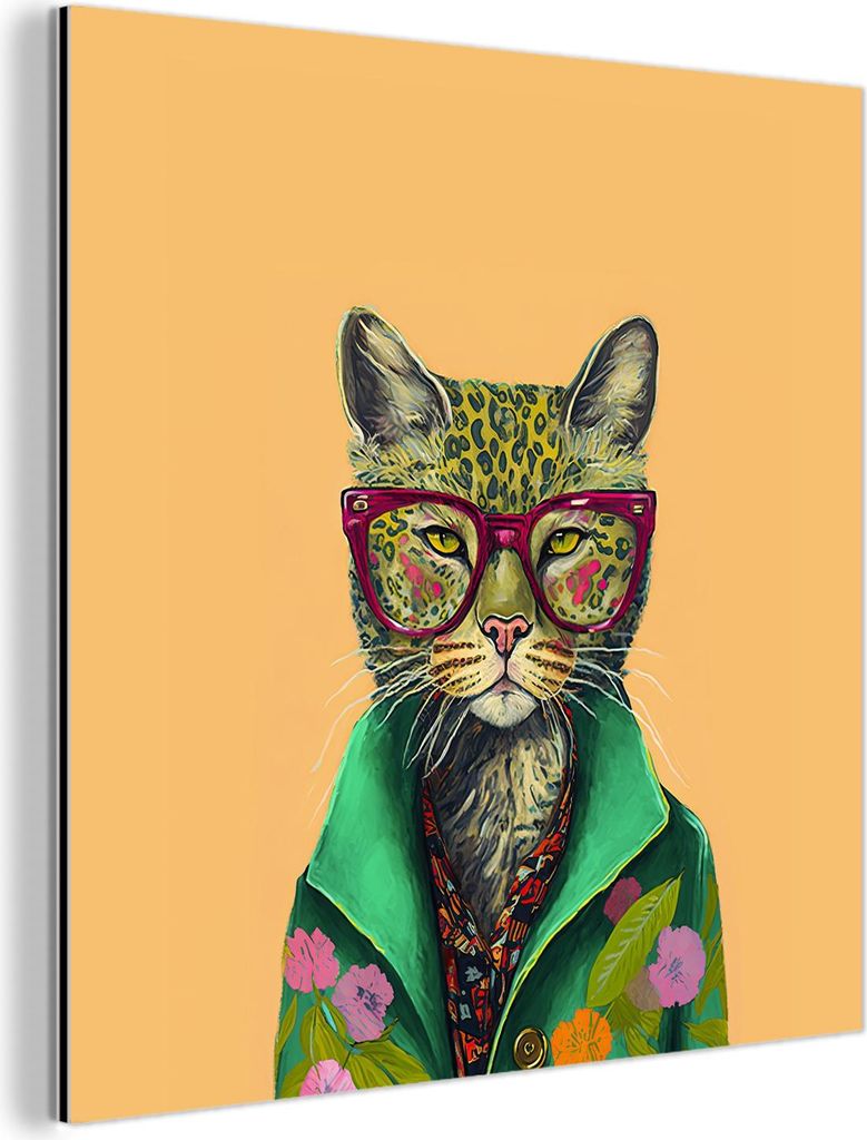 MuchoWow Wanddekoration Metall Metallbild Wandkunst 50x50 cm Tiere - Katze - Brille - Blumen - Hippie MuchoWow Aluminium Gemälde - Alubild - Indus...