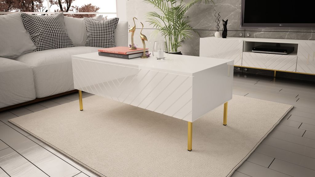Moderne Glamour Couchtisch GALA 120 cm Kaffetisch mit Türen Dekorative Front Sideboard Weiß mit Goldene Rahmen