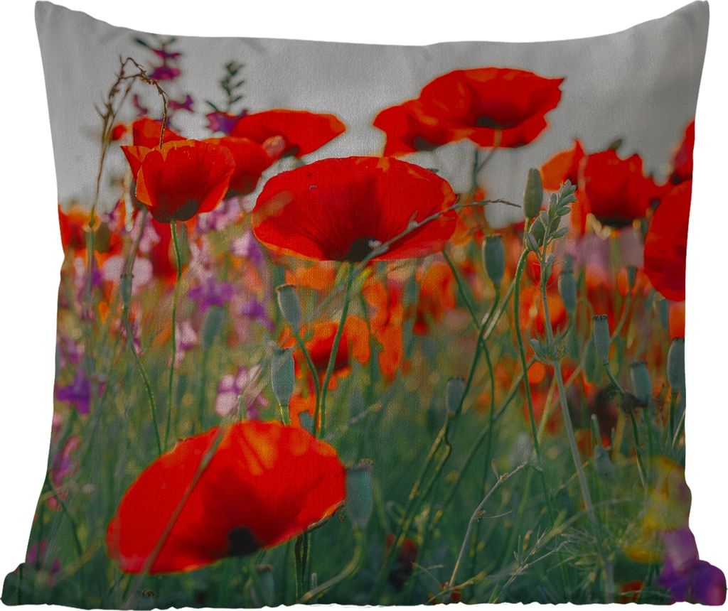 MuchoWow Outdoor Kissen - Mohn - Blumen - Rot - Lila - Wiese - 40x40 cm - Wetterfest - Lounge Kissen - Kopfkissen - Interieur - Polster mit Bild