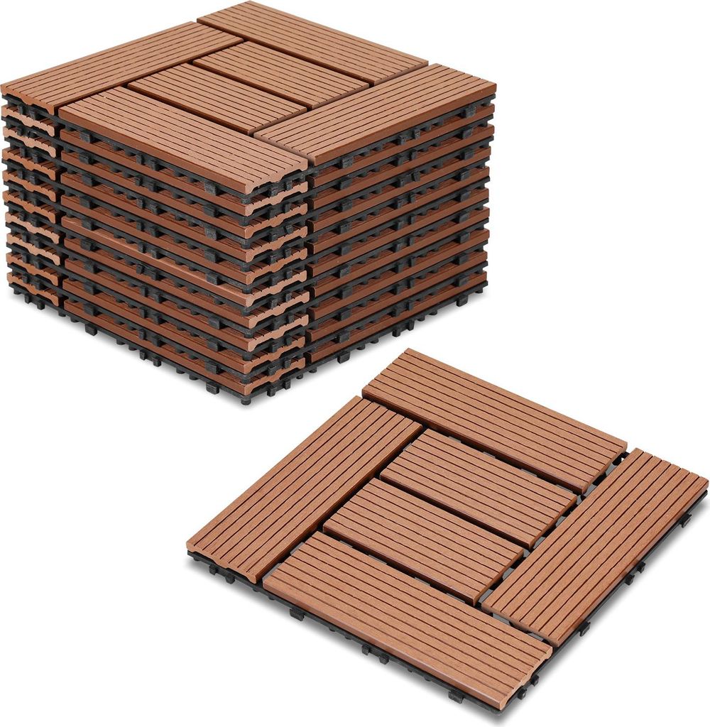 Faziango WPC Terrassenfliesen, 30x30 cm, 44er Spar Set für 4m², Braun in Holzoptik, für Garten Balkon Bodenbelag mit Drainage und Klicksystem