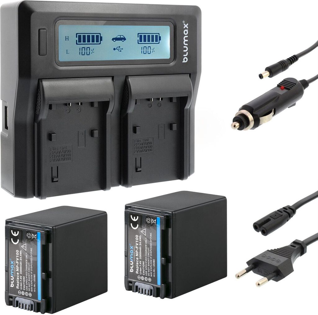 2x Akku + Lader für Sony NP-FV100 NP-FV120 DCR-SX63 SX85 HDR-CX900 3300 mAh