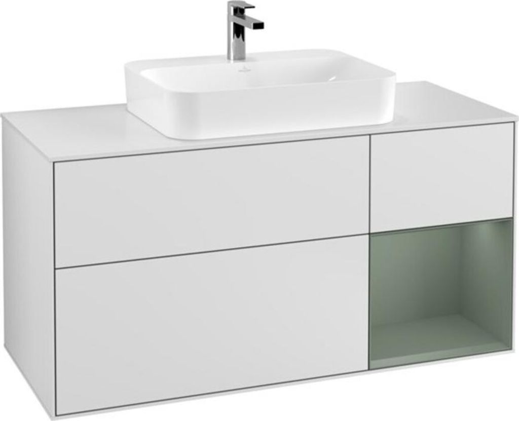 V&B Waschtischunterschrank Wandbeleuchtung Finion 120cm, Pl w m, Reg re Oli. m, wh. m Lac