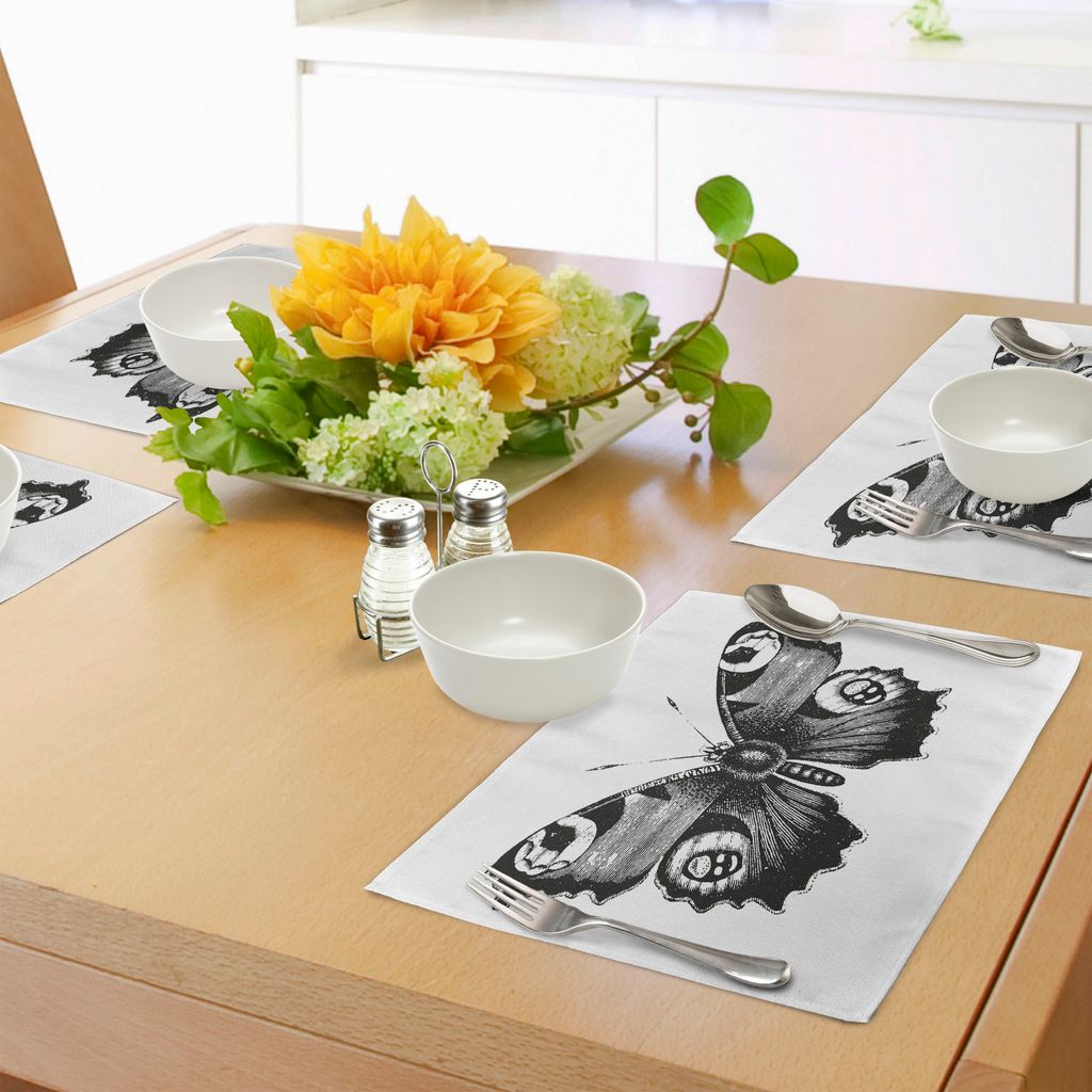 ABAKUHAUS Schwarz und weiß Platzmatten, Vanessa-Pfau-Schmetterlings-Weinlese-Art-Tier-Thema-Natur-Grafik, Tiscjdeco aus Farbfesten Stoff für das ...