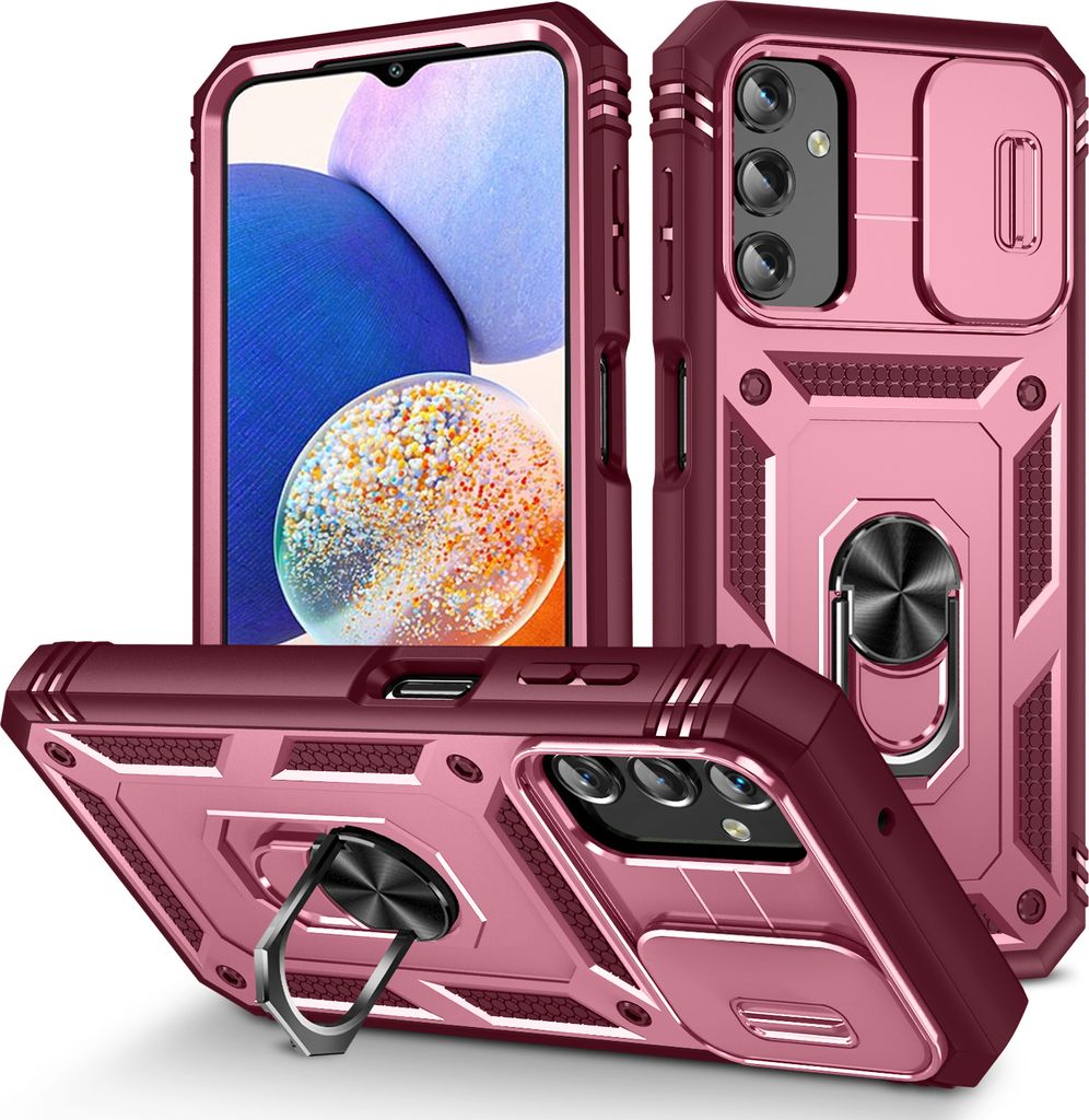 Galaxy A14 5G Hülle, Schiebe Kamera Schutz Stoßfest Schutzhülle mit Ringhalterung Ständer für Samsung Galaxy A14 5G Rosa