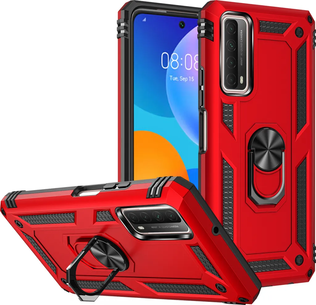 Custodia Sportiva Huawei P Smart 2021 - Grip Sicuro e Anello Stand Rosso