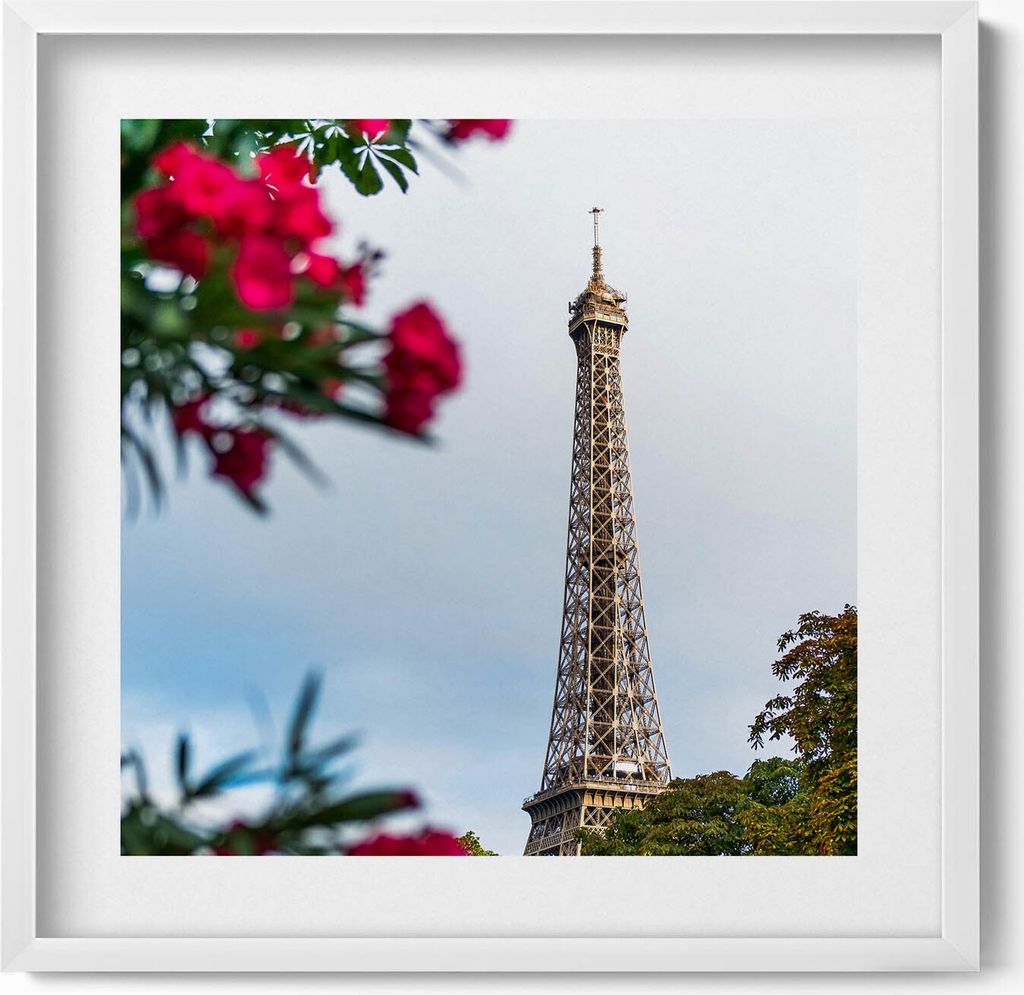 Eiffelturm in Blumen - Paris, Frankreich– Wandbild mit Rahmen – Gerahmtes Bild – Wanddekoration – 50x50 cm – Weiß Rahmen