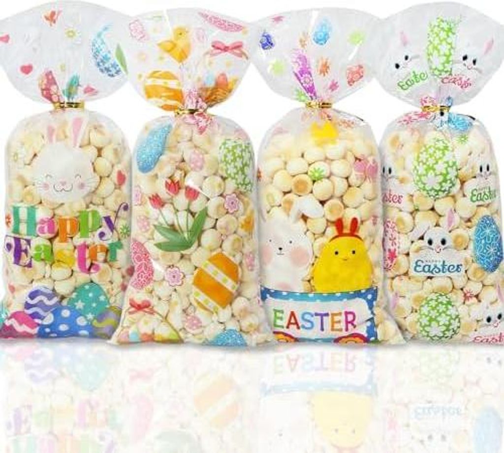 50 Stück Oster-Zellophantüten, 4 Ostereier Hasen Küken Blumen Süßigkeiten Leckereien Goodie Taschen mit gedrehten Bändern für Kindergeburtst...