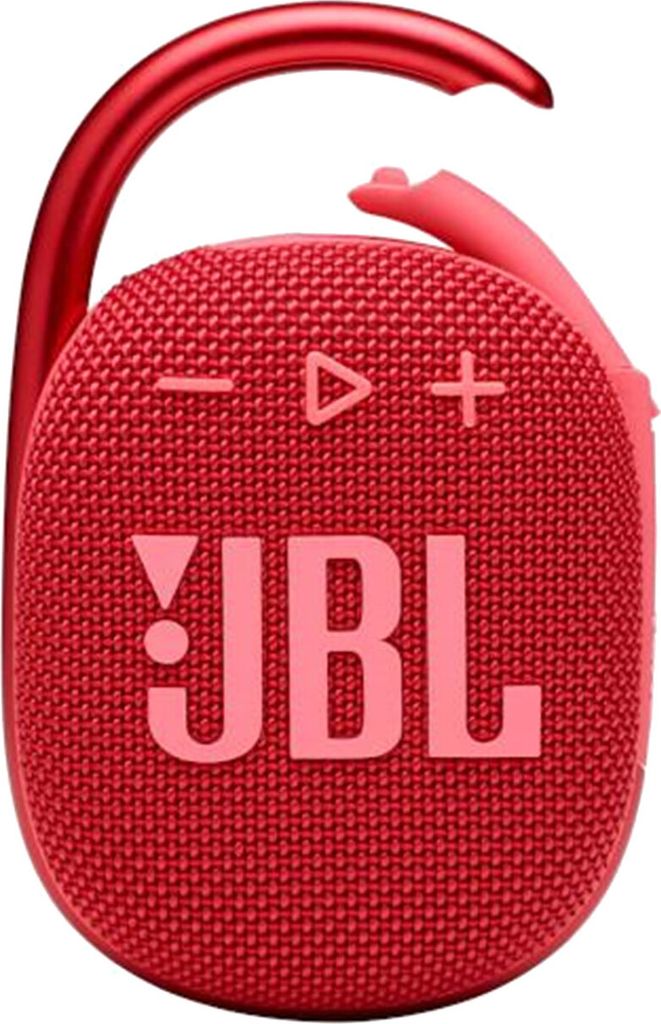 A red JBL Clip 4 portable Bluetooth speaker with a carabiner clip.