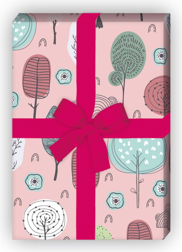 Schönes Natur Geschenkpapier mit Doodle Bäumen, rosa - G11855, 32 x 48cm