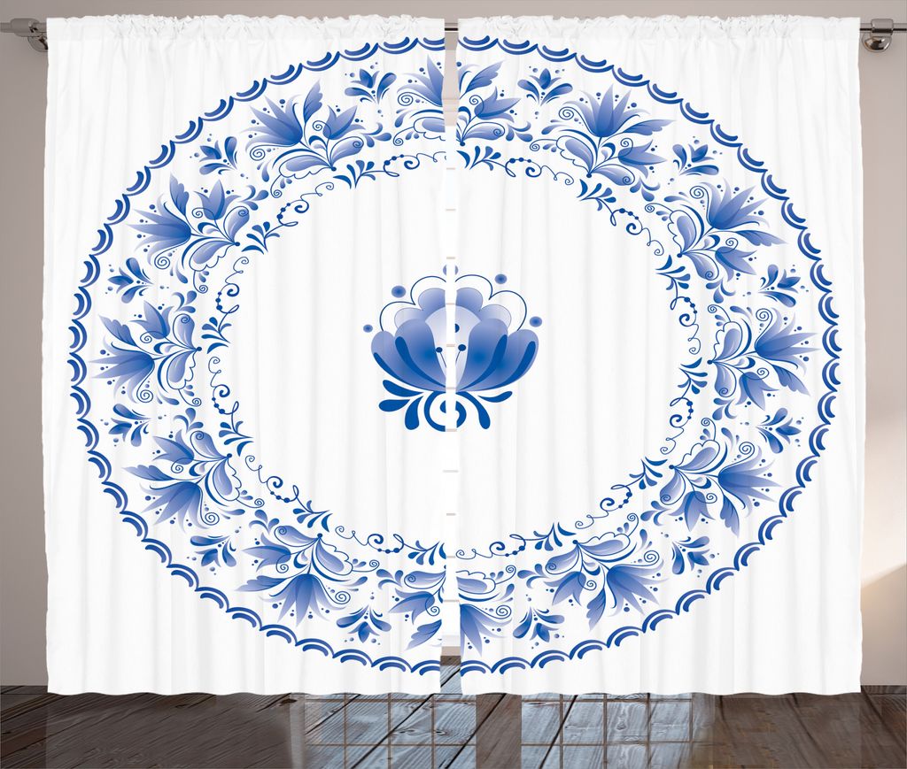 ABAKUHAUS Mandala Rustikaler Gardine, Persian Nostalgic Flora, Schlafzimmer Kräuselband Vorhang mit Schlaufen und Haken, 280 x 175 cm, Blau Weiss