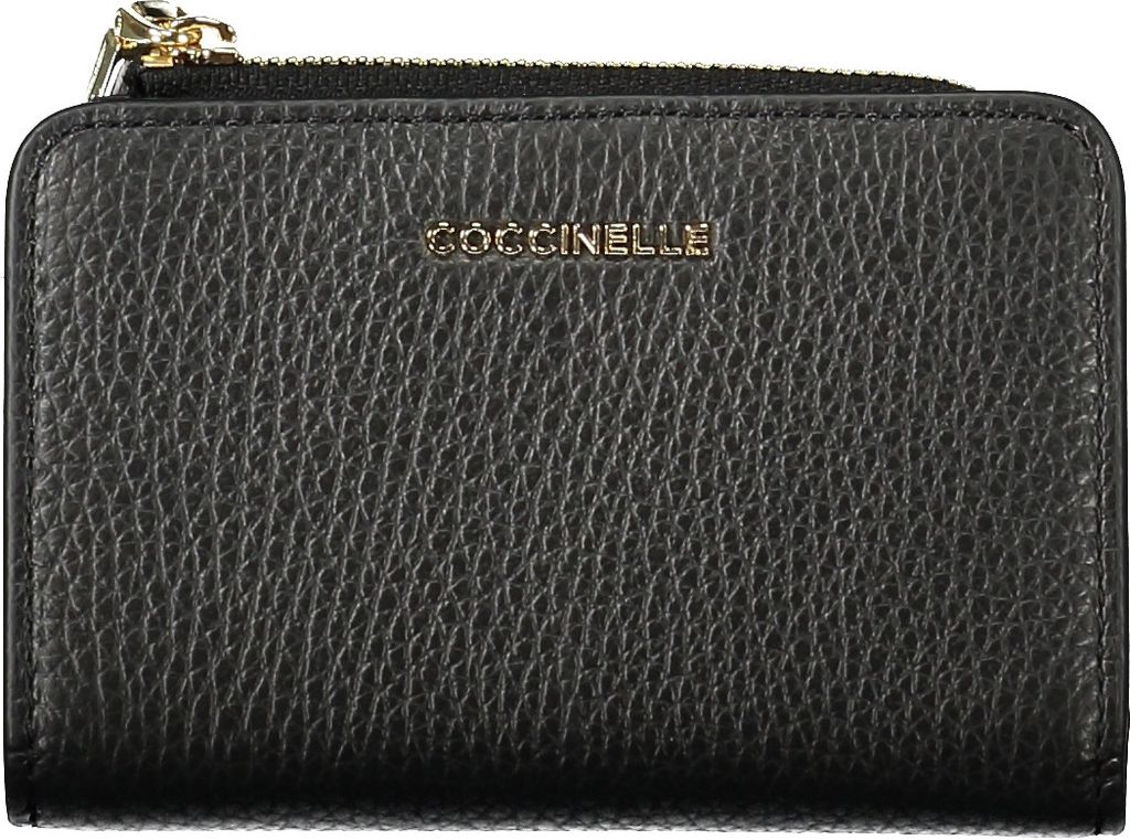 A black leather wallet with gold lettering.